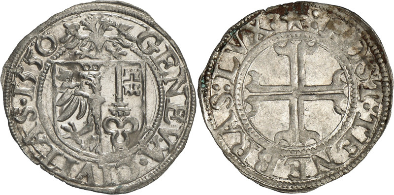 Genève 
Sol 1550 . GENEVA · CIVITAS · 1550 Ecu de Genève surmonté de l'aigle d...
