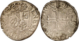 Genève 
Sol 1554 B. GENEVA · CIVITAS · 1554 · Ecu de Genève surmonté de l'aigle d'Empire / : POST : TENEBRAS : LVX : B Croix pattée, fourchée et vidé...
