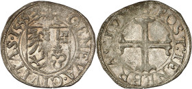 Genève 
Sol 1555 B. GENEVA · CIVITAS · 1555 · Ecu de Genève surmonté de l'aigle d'Empire / : POST : TENEBRAS : LVX : B Croix pattée, fourchée et vidé...