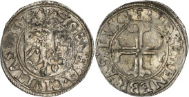 Genève 
Sol 1557 E. GENEVA · CIVITAS · 1557 · Ecu de Genève surmonté de l'aigle d'Empire / POST : TENEBRAS : LVX  E  Croix pattée, fourchée et vidé...