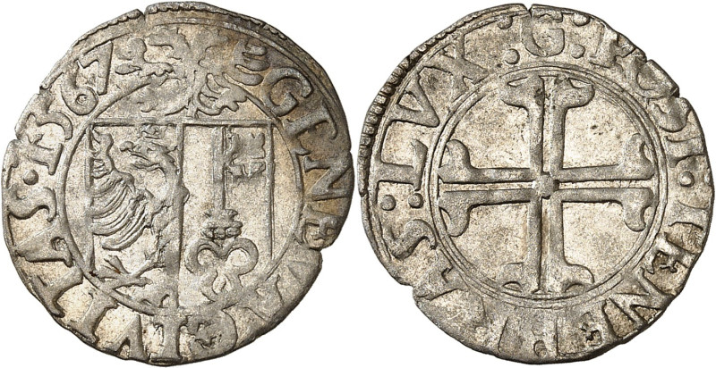 Genève 
Sol 1567 G. GENEVA CIVITAS · 1567 Ecu de Genève surmonté de l'aigle d'E...