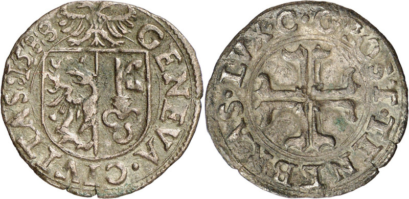 Genève 
Sol 1588 C G. GENEVA · CIVITAS · 1588 Ecu de Genève surmonté de l'aigle...