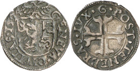 Genève 
Sol 1594 G. GENEVA · CIVITAS · 1594 Ecu de Genève surmonté de l'aigle d'Empire / · POST · TENEBRAS · LVX ·  Croix pattée, fourchée et vidée....