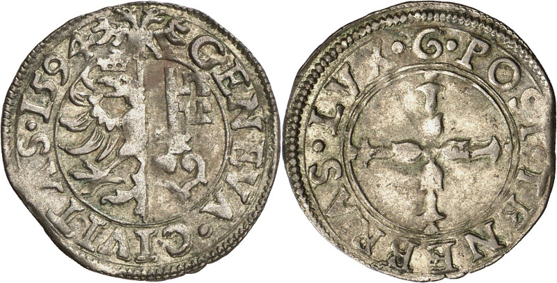 Genève 
6 Quarts 1594 G. GENEVA · CIVITAS · 1594 Armes de Genève Surmonté de l'...