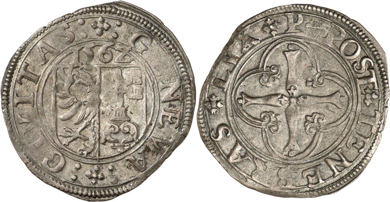 Genève 
3 Sols 1562 P. : GENEVA :  : CIVITAS :  Ecu de Genève surmonté de 156...