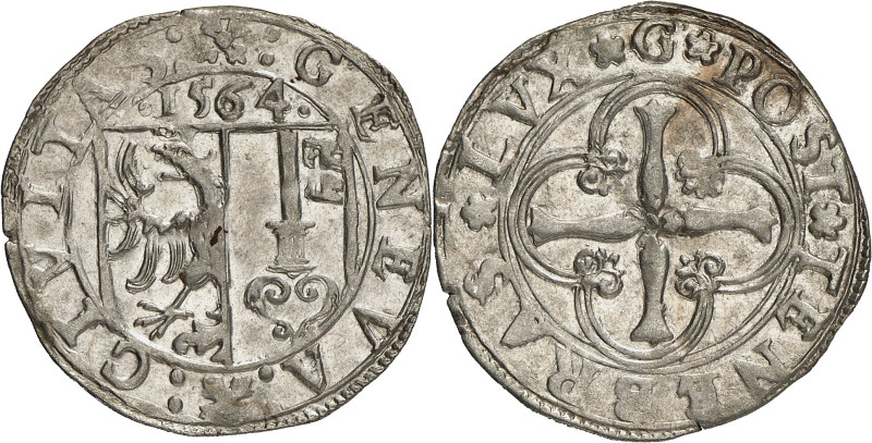 Genève 
3 Sols 1564 G. : GENEVA :  : CIVITAS :  Ecu de Genève surmonté de · 1...