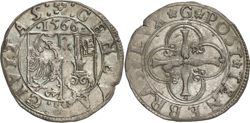 Genève 
3 Sols 1566 G. : GENEVA :  : CIVITAS :  Ecu de Genève surmonté de · 1...