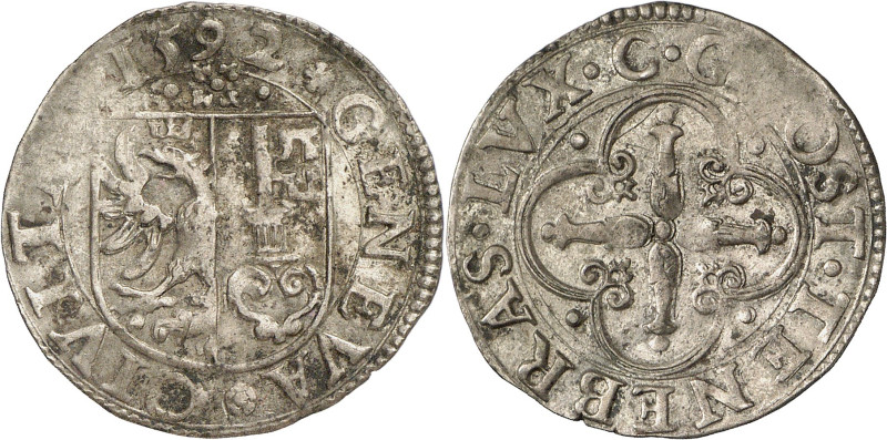 Genève 
3 Sols 1592 C G.  GENEVA ·  · CIVITAS  1589 Ecu de Genève surmonté d...