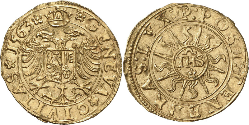 Genève 
Ecu-pistolet 1563 P.  GENEVA  CIVITAS  1563  Aigle d'Empire couronn...