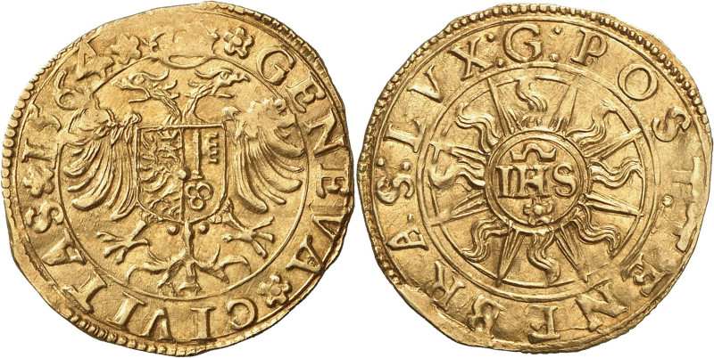 Genève 
Ecu-pistolet 1564 G.  GENEVA  CIVITAS  1564  Aigle d'Empire couronn...