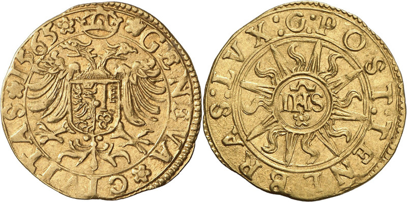 Genève 
Ecu-pistolet 1565 G.  GENEVA  CIVITAS  1565  Aigle d'Empire couronn...