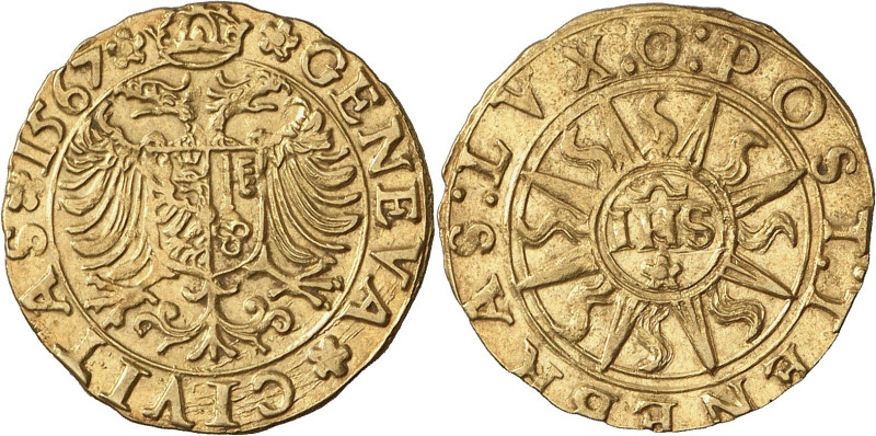 Genève 
Ecu-pistolet 1567 G.  GENEVA  CIVITAS  1567  Aigle d'Empire couronn...