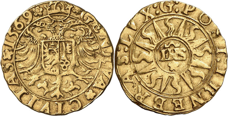 Genève 
Ecu-pistolet 1569 G.  GENEVA  CIVITAS  1569  Aigle d'Empire couronn...