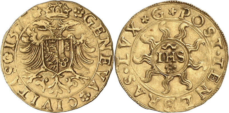 Genève 
Ecu-pistolet 1577 G.  GENEVA  CIVITAS  1577  Aigle d'Empire couronn...