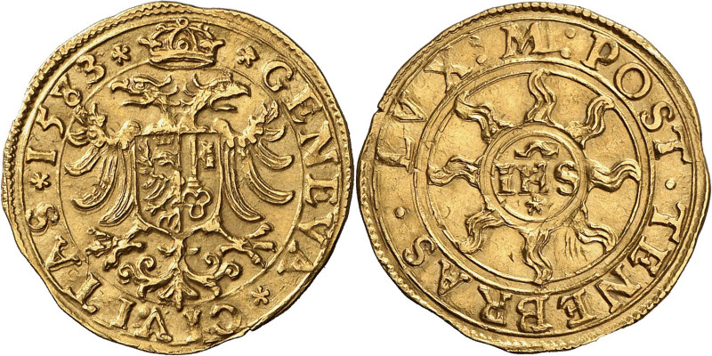 Genève 
Ecu-pistolet 1583 M.  GENEVA  CIVITAS  1583  Aigle d'Empire couronn...