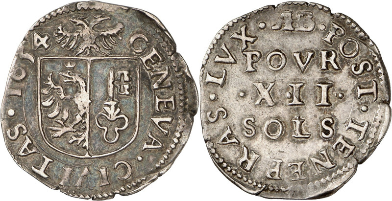 Genève 
12 Sols 1654 AB. GENEVA · CIVITAS · 1654 Ecu de Genève surmonté de l'ai...