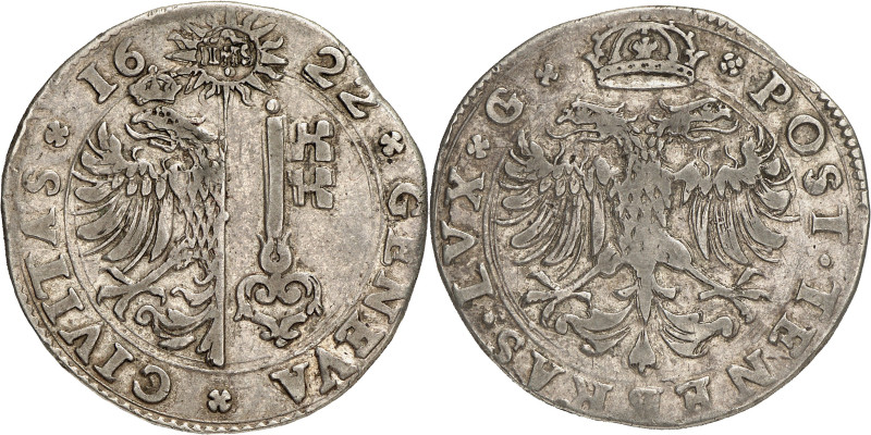 Genève 
1/2 Taler 1622 GI.  GENEVA  CIVITAS  16 - 22 Armoiries de Genève dan...