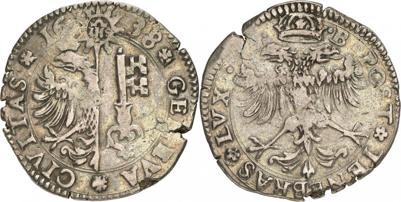 Genève 
1/2 Taler 1638 G B.  GENEVA  CIVITAS  16 - 38 Armoiries de Genève da...