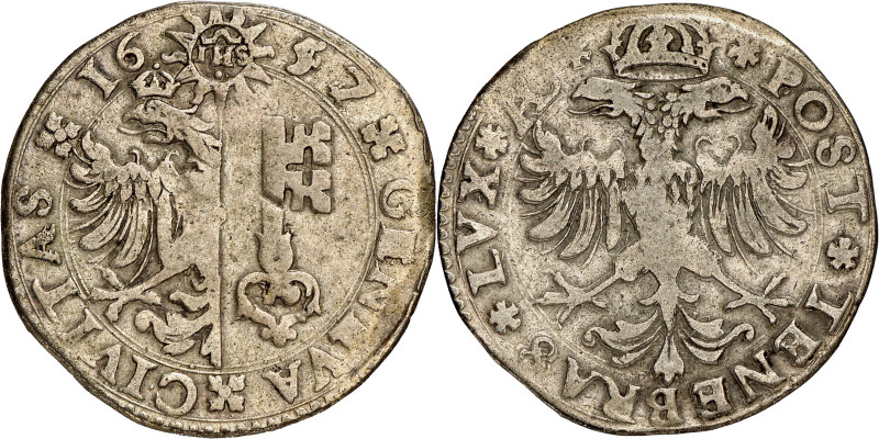 Genève 
1/2 Taler 1657 / 42 AC.  GENEVA  CIVITAS  16 - 57 Armoiries de Genèv...