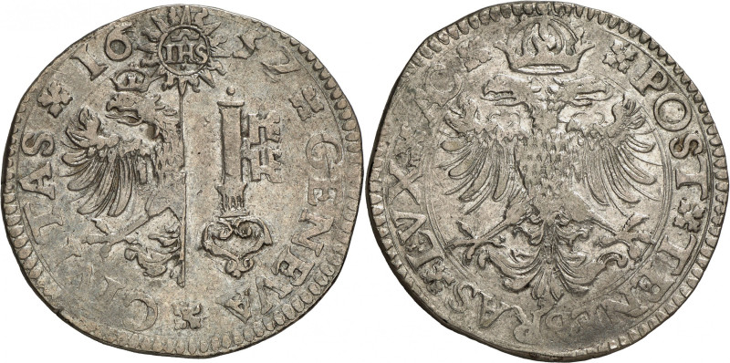 Genève 
Taler 1657 AC.  GENEVA  CIVITAS  16 - 57 Armoiries de Genève dans un...