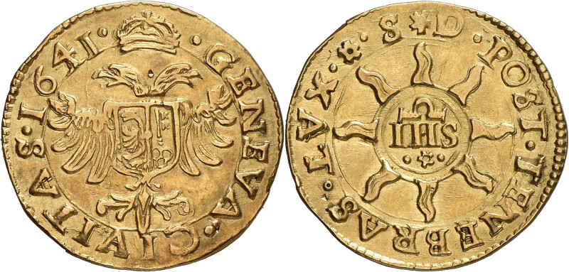 Genève 
Pistole 1641 SD. · GENEVA · CIVITAS · 1641 · Aigle d'Empire couronnée p...