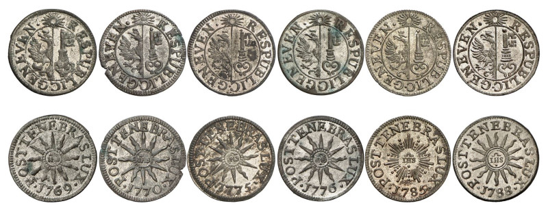 Genève 
Lot de 6 pièces : 2 Quarts 1769, 1770, 1775, 1776, 1785, 1788. Demole 1...