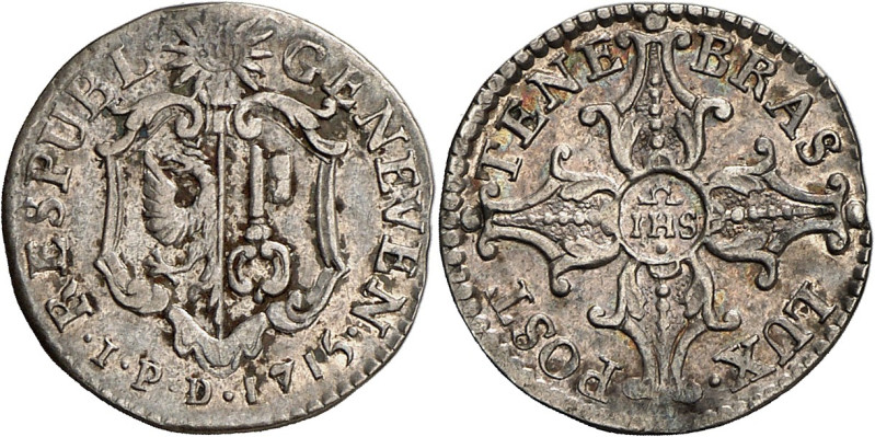 Genève 
3 Quarts 1715 IPD. FRAPPE en ARGENT. · RESPUBL · GENEVEN · 1715·I·P·D A...