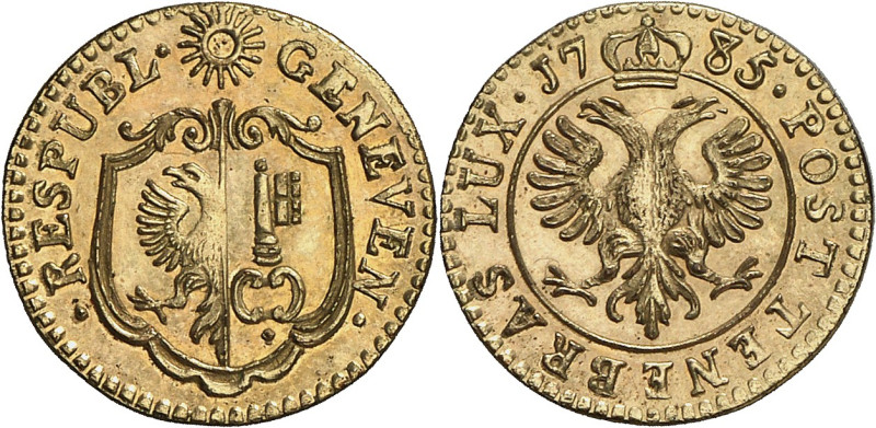 Genève 
3 Quarts 1785. FRAPPE en CUIVRE DORE. · RESPUBL · GENEVEN · Armes de Ge...