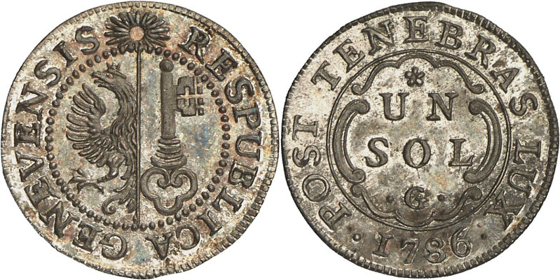 Genève 
Sol 1786. FRAPPE en ARGENT. RESPUBLICA GENEVENSIS Armes de Genève dans ...