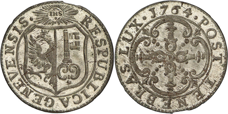 Genève 
3 Sols 1764. RESPUBLICA GENEVENSIS · Ecu de Genève surmonté d'un soleil...