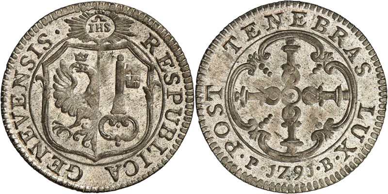 Genève 
3 Sols 1791 PB. RESPVBLICA GENEVENSIS · Ecu de Genève surmonté d'un sol...