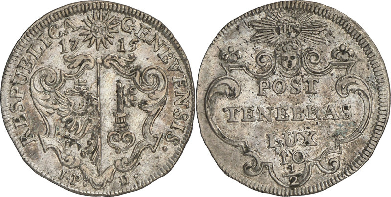 Genève 
10 1/2 Sols 1715 IPD. RESPUBLICA - GENEVENSIS · I · P · - D · Armes de ...