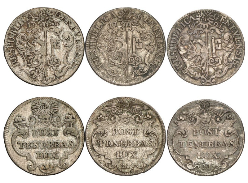 Genève 
Lot de 3 pièces : 21 Sols 1715, 1720, 1721. Demole 409, 410, 411; HMZ 2...