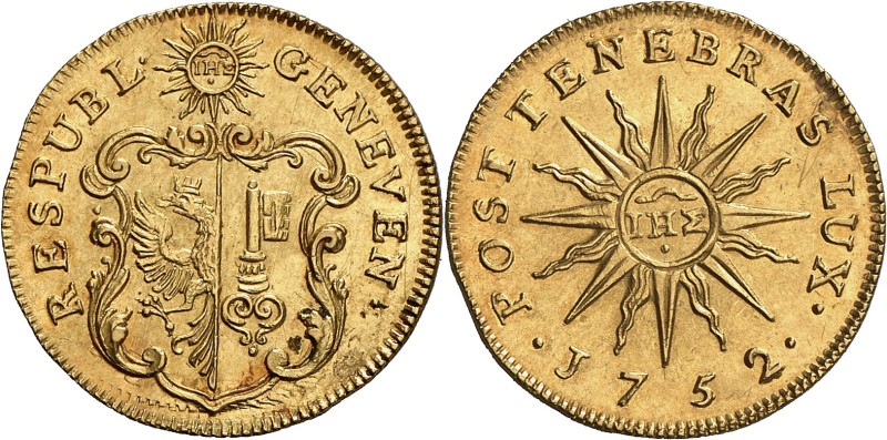 Genève 
Pistole 1752. RESPUBL · - GENEVEN · Armes de Genève dans un cartouche s...