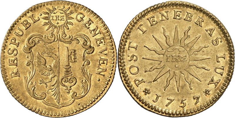 Genève 
Pistole 1757. RESPUBL · - GENEVEN · Armes de Genève dans un cartouche s...