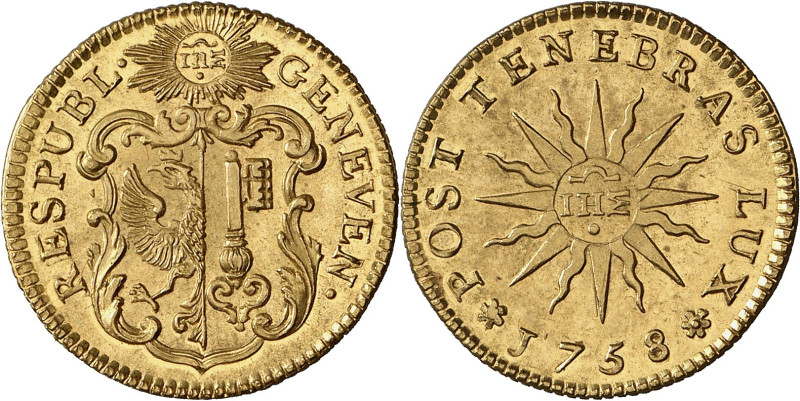 Genève 
Pistole 1758. RESPUBL · - GENEVEN · Armes de Genève dans un cartouche s...