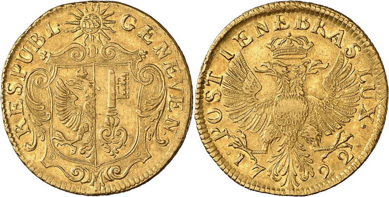 Genève 
Pistole forte 1722. RESPUBL · - GENEVEN · Armes de Genève dans un carto...