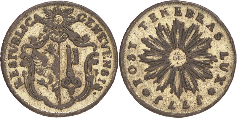 Genève 
Triple-pistole 1771. FRAPPE en CUIVRE DORE. RESPUBLICA - GENEVENSIS · A...