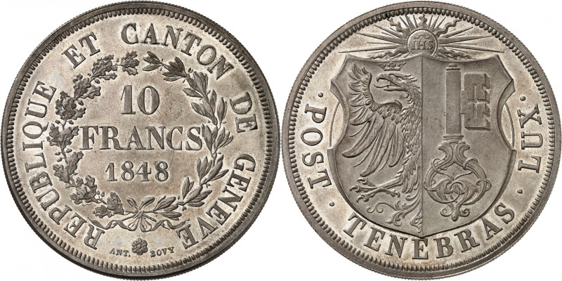 Genève 
10 Francs argent 1848, par A. Bovy. Ecu de Genève. IHS dans un soleil r...