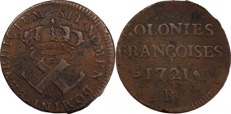 1721-B French Colonies 9 Deniers. Rouen Mint. Martin 1.1-A.3, W-11825. Rarity-4....