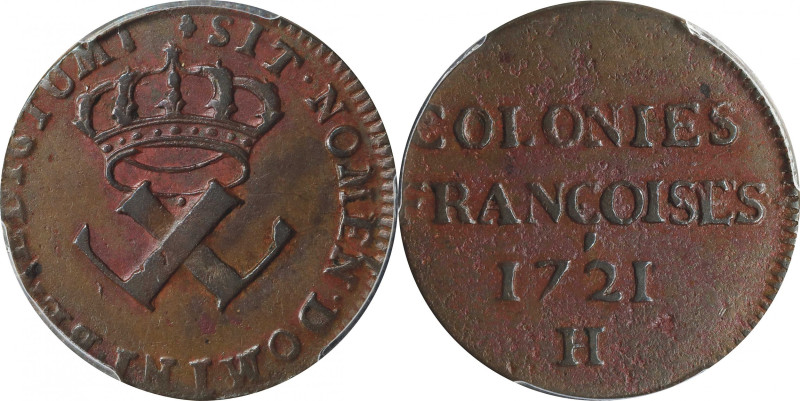 1721-H French Colonies Sou, or 9 Deniers. La Rochelle Mint. Martin 2.11-B.5, W-1...