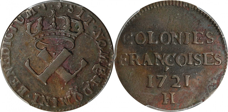 1721-H French Colonies Sou, or 9 Deniers. La Rochelle Mint. Martin 3.1-B.1, W-11...