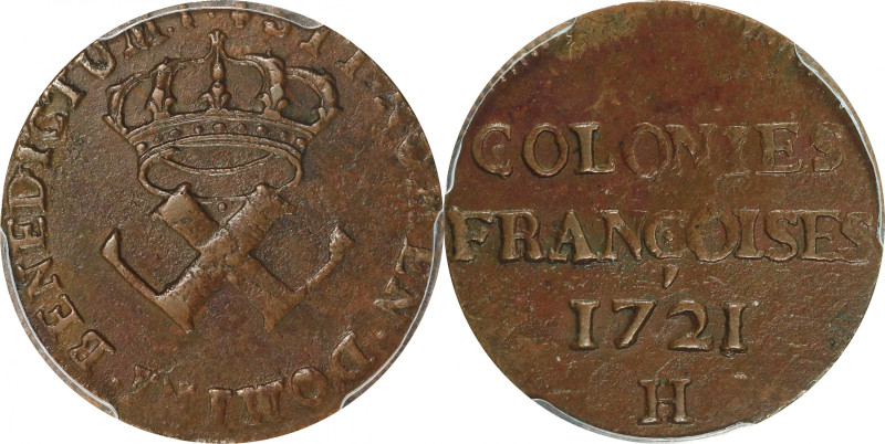 1721-H French Colonies Sou, or 9 Deniers. La Rochelle Mint. Martin 3.3-B.8, W-11...