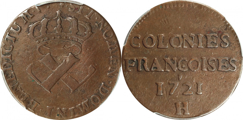 1721-H French Colonies Sou, or 9 Deniers. La Rochelle Mint. Martin 3.8-B.2, W-11...