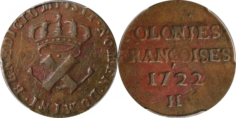 1722-H French Colonies Sou, or 9 Deniers. La Rochelle Mint. Martin 2.21-D.7, W-1...