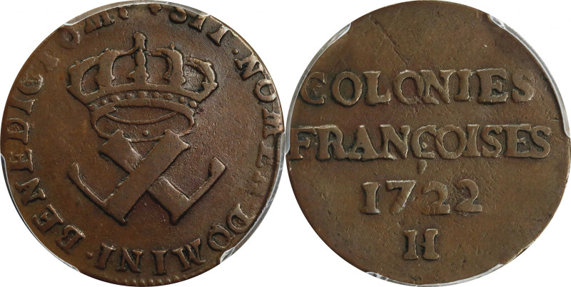 1722-H French Colonies Sou, or 9 Deniers. La Rochelle Mint. Martin 2.30-D.6, W-1...