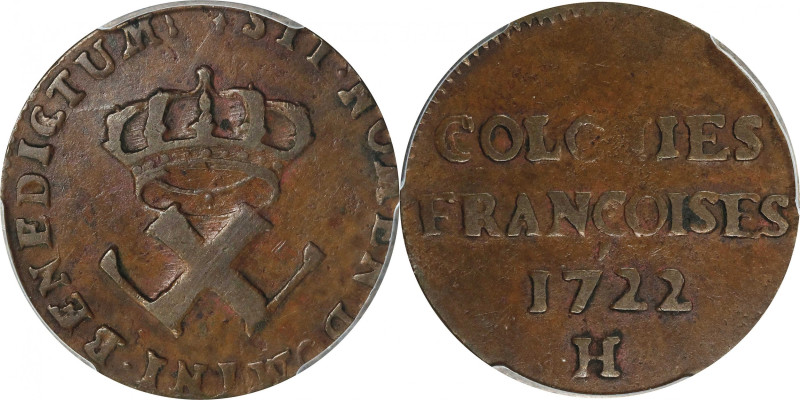 1722-H French Colonies Sou, or 9 Deniers. La Rochelle Mint. Martin 2.33-D.4, W-1...