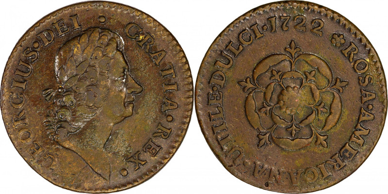 1722 Rosa Americana Halfpenny. Martin 3.4-C.6, W-1222. Rarity-7. DEI GRATIA REX ...