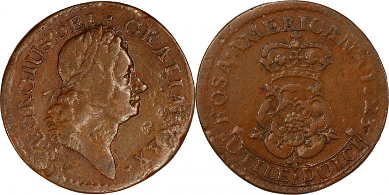 1723 Rosa Americana Halfpenny. Martin 3.7-F.1, W-Unlisted. Copper. Rarity-8+. Cr...