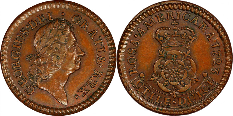 1723 Rosa Americana Halfpenny. Martin 3.13-F.4, W-Unlisted. Copper. Rarity-8+. C...